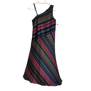 Maggy London One-Shoulder Midi Dress Sz 4 – Striped Colorful Cocktail Dress NWOT